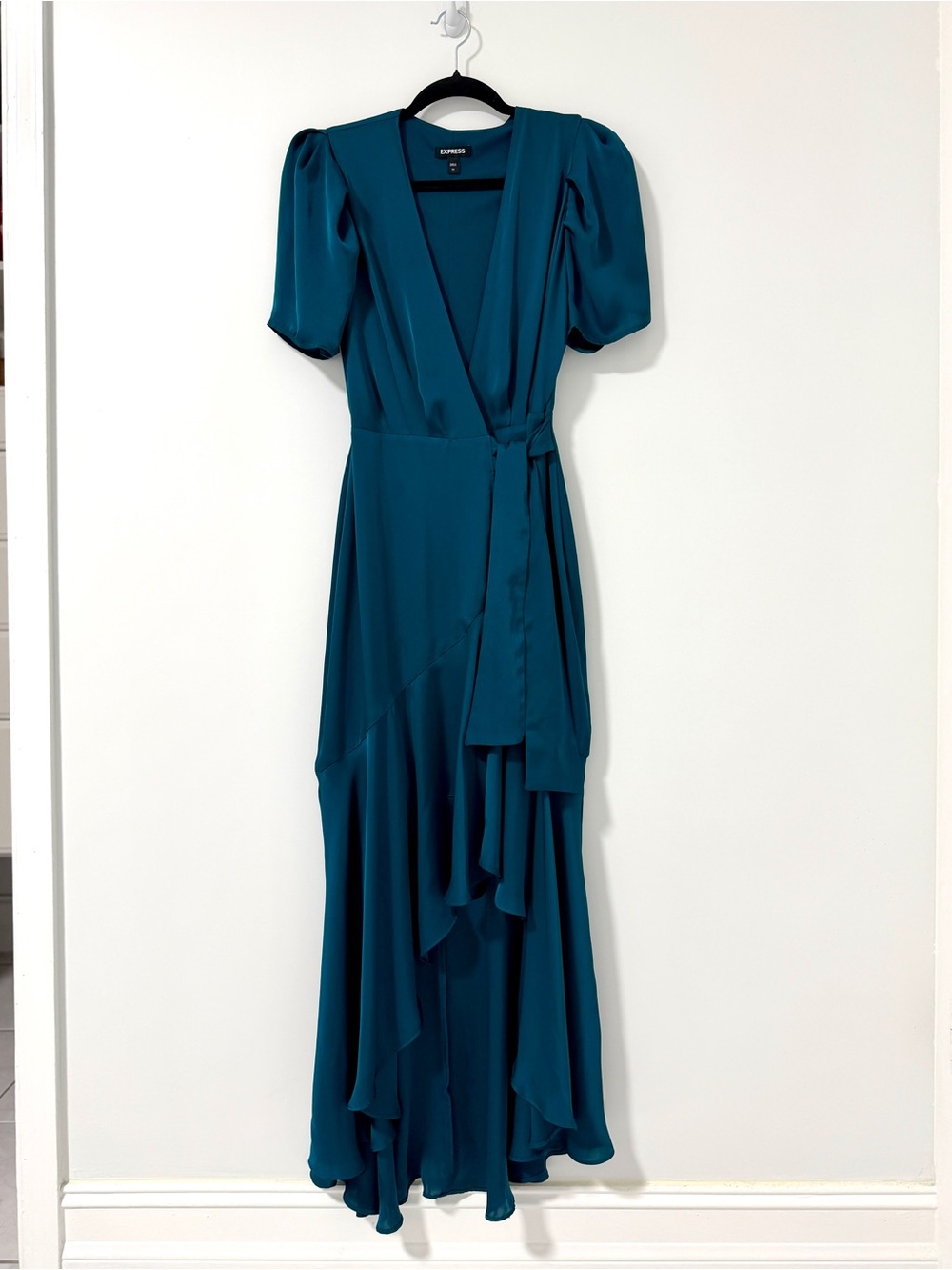 Express Teal Wrap High-Low Dress with Puff Sleeves
